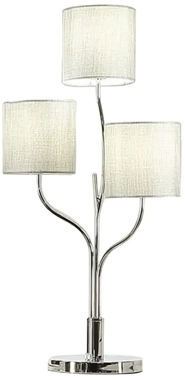 Indi 30 Inch Table Lamp, 3 Drum Fabric Shade, Round Metal Base, Silver-Benzara
