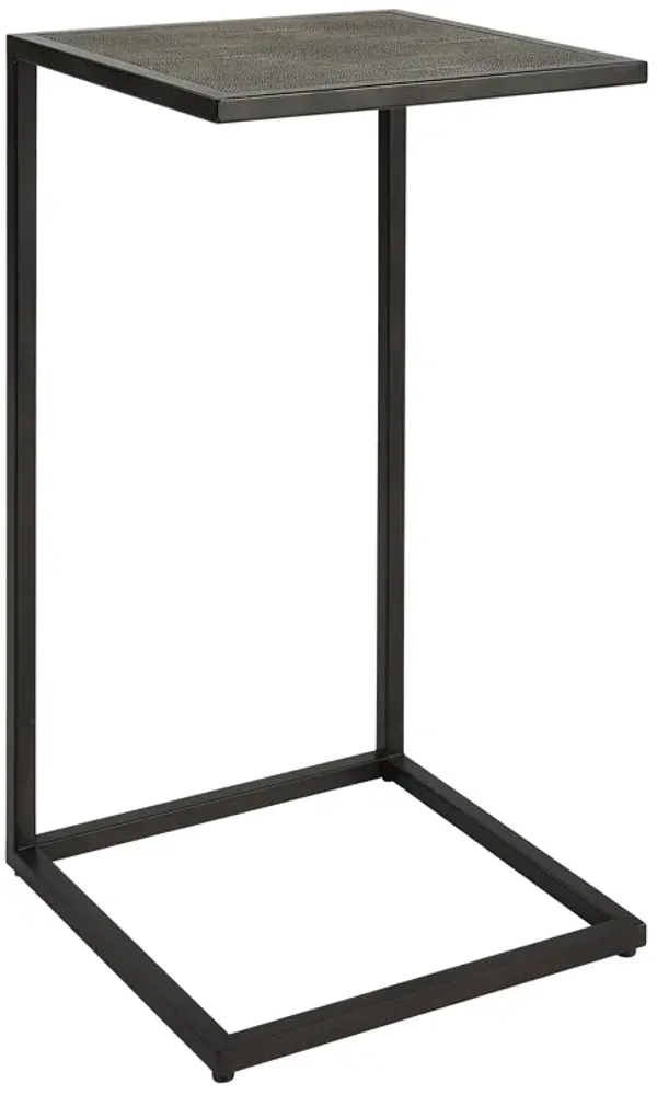 24 Inch Accent Table, Open C Shape, Gray Shagreen Top, Antique Black - Benzara