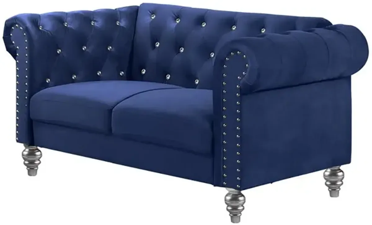 New Classic Furniture Furniture Emma Velvet Fabric Loveseat with Rolled Arms in Royal Blue