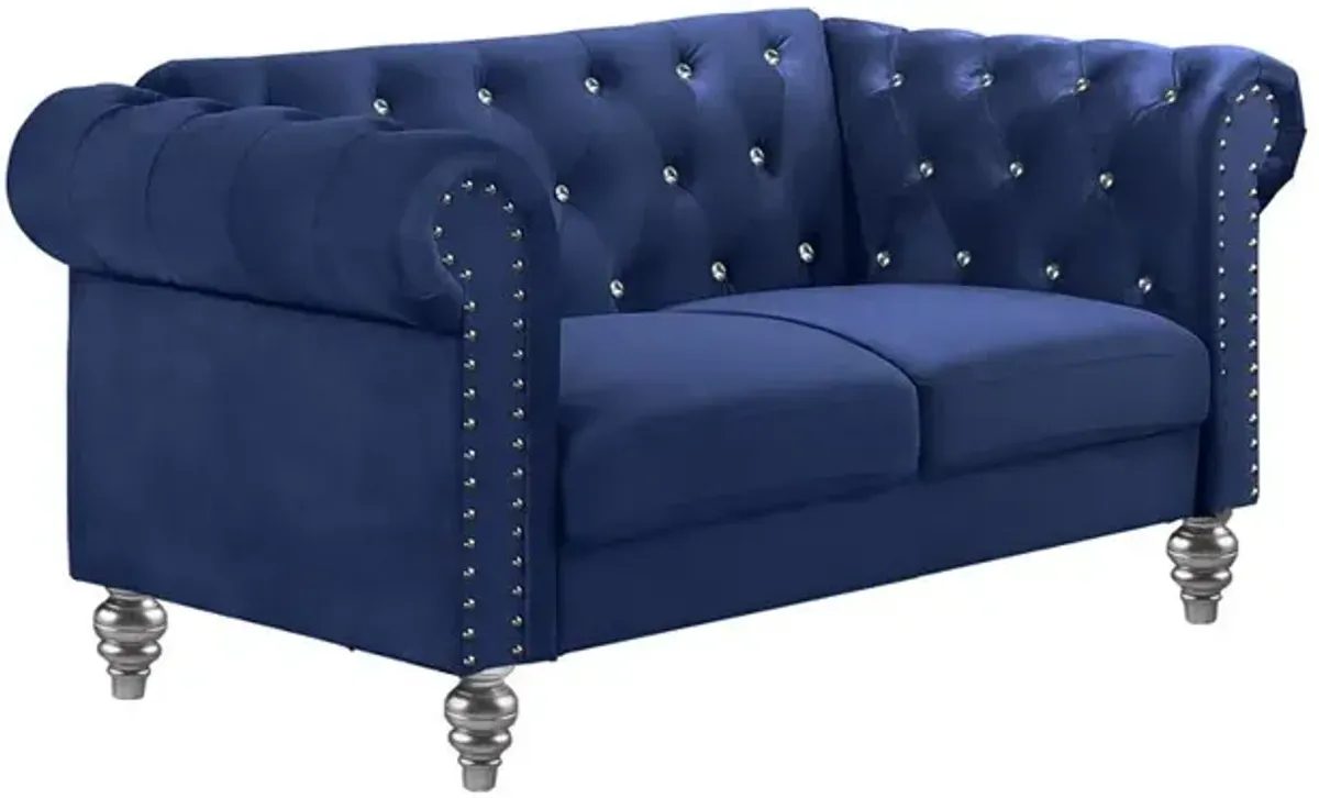 New Classic Furniture Furniture Emma Velvet Fabric Loveseat with Rolled Arms in Royal Blue