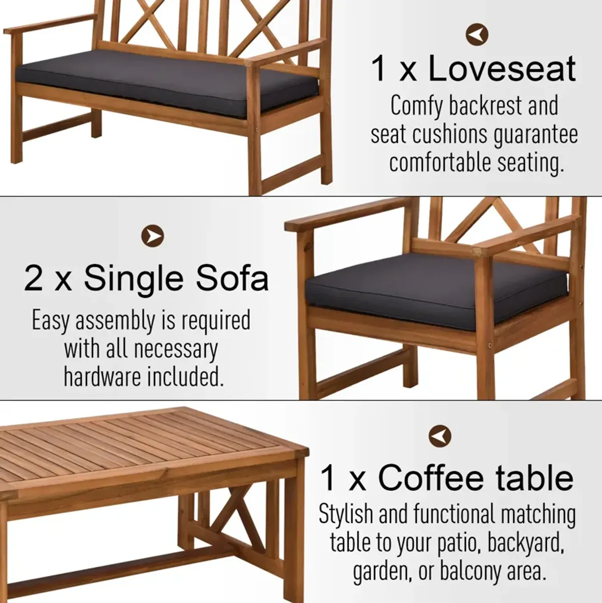 4-Piece Acacia Wood Backyard Conversation Chat Seating Set w/ Cushions Teak/Grey