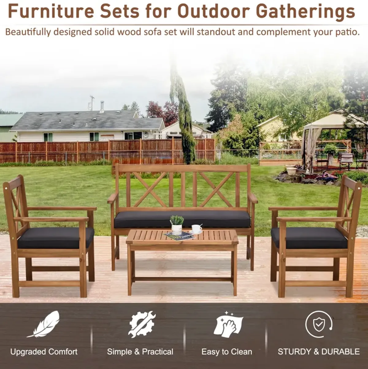 4-Piece Acacia Wood Backyard Conversation Chat Seating Set w/ Cushions Teak/Grey