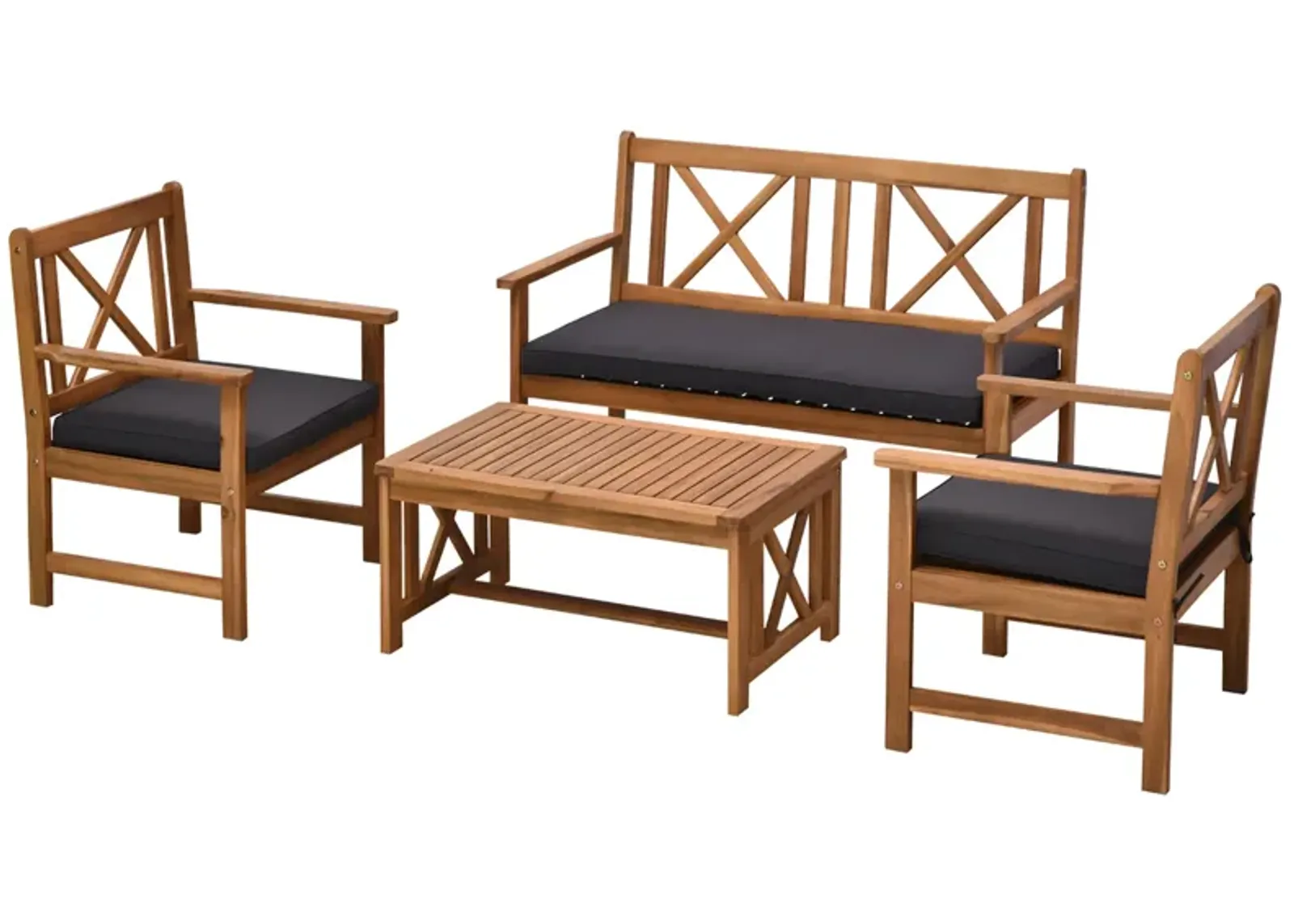 4-Piece Acacia Wood Backyard Conversation Chat Seating Set w/ Cushions Teak/Grey