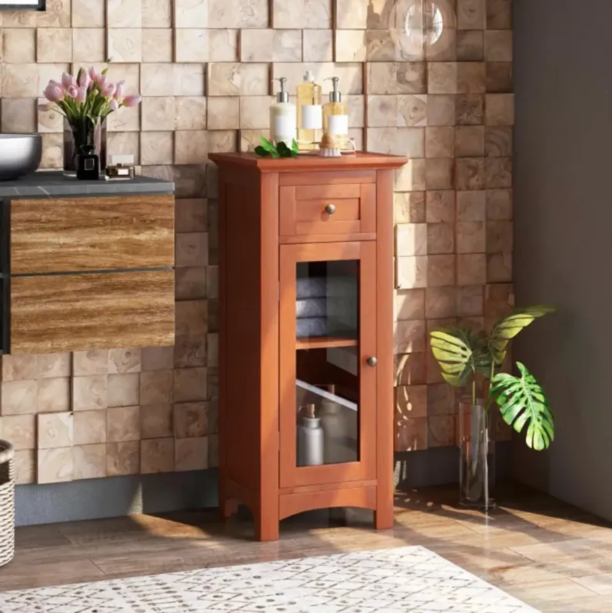 Hivvago Bathroom Freestanding Storage Cabinet with Single Glass Door