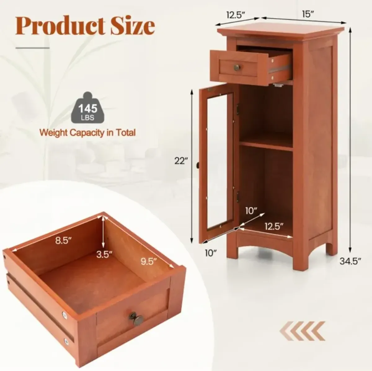 Hivvago Bathroom Freestanding Storage Cabinet with Single Glass Door