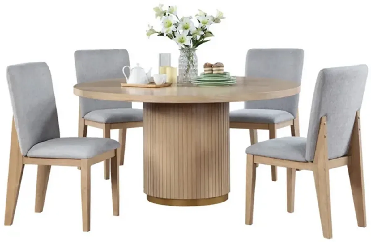 Emi 5 Piece Dining Table and Chairs Set, Round, Pedestal Base, Oak Brown - Benzara