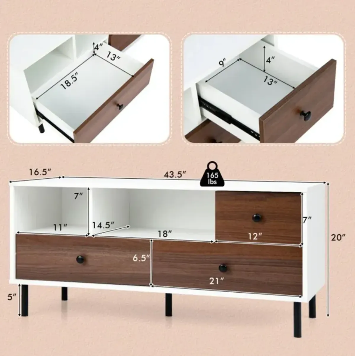 Hivvago Mid-Century TV Stand for 50-inch TVs with 2 Cubbies and 3 Drawers