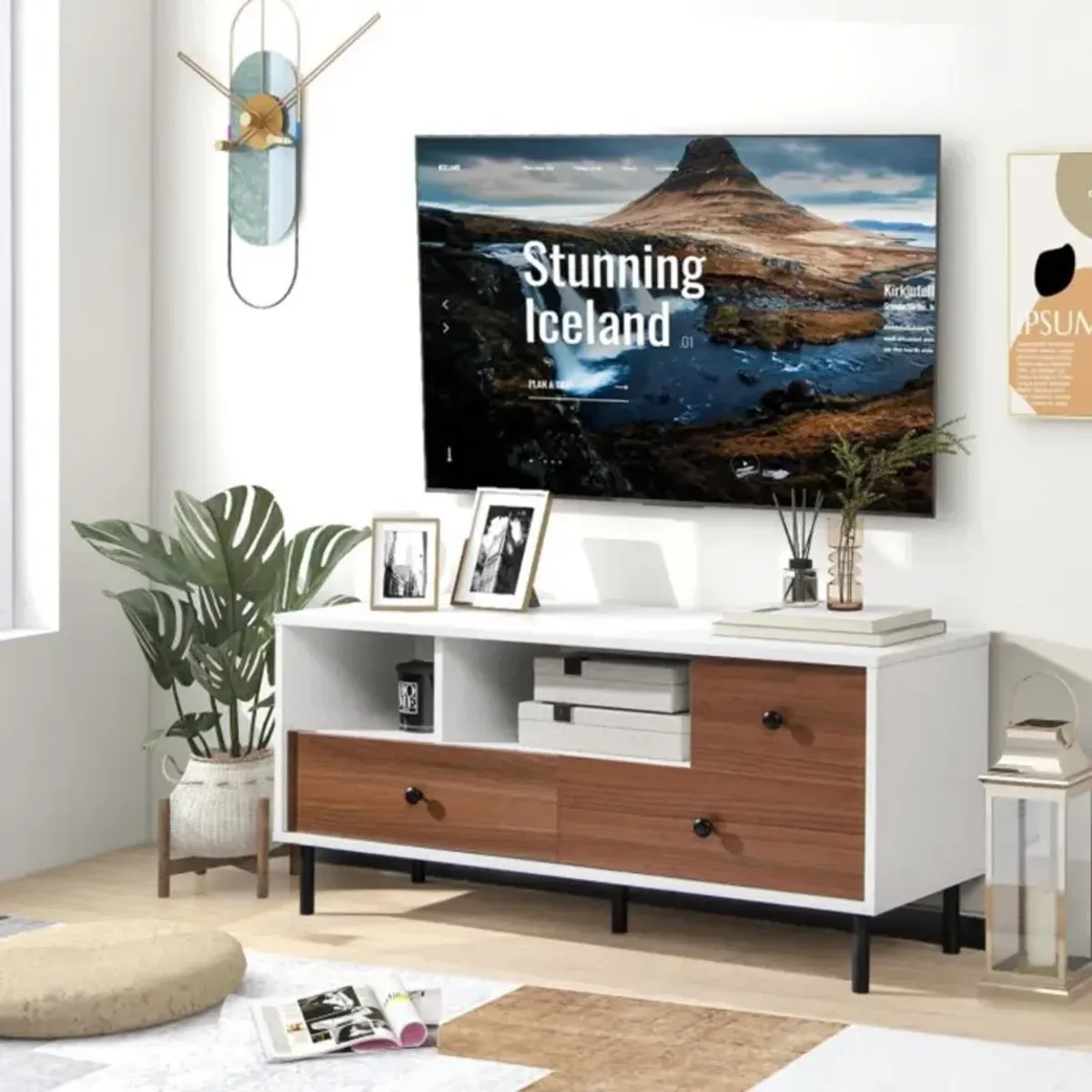 Hivvago Mid-Century TV Stand for 50-inch TVs with 2 Cubbies and 3 Drawers