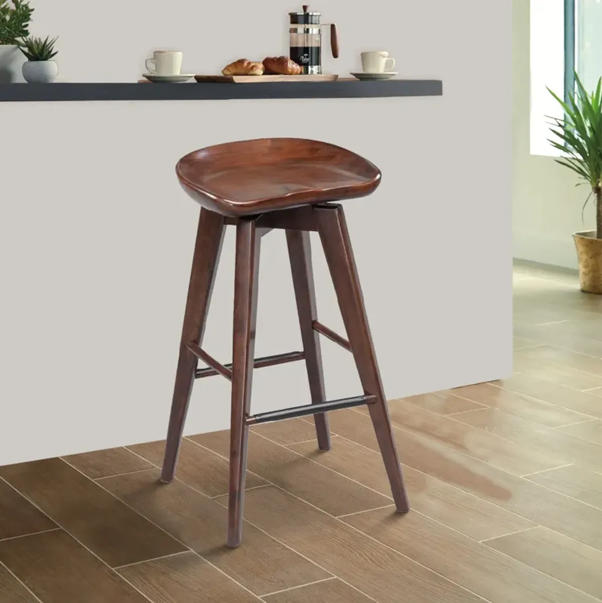 Contoured Seat Wooden Frame Swivel Barstool with Angled Legs, Natural Brown-Benzara