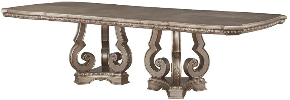 Wooden Extendable Dining Table With Double Pedestal Base, Silver - Benzara
