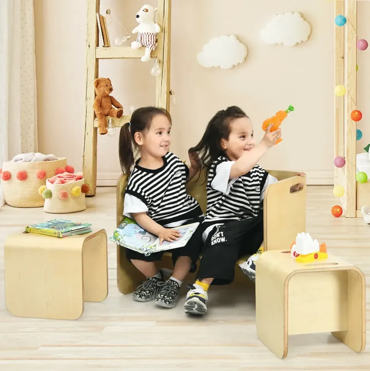 3 Pieces Kids Wooden Table and Chair Set - Natural