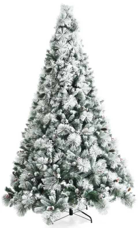 8 Feet Snow Flocked Christmas Tree Glitter Tips with Pine Cone and Red Berries