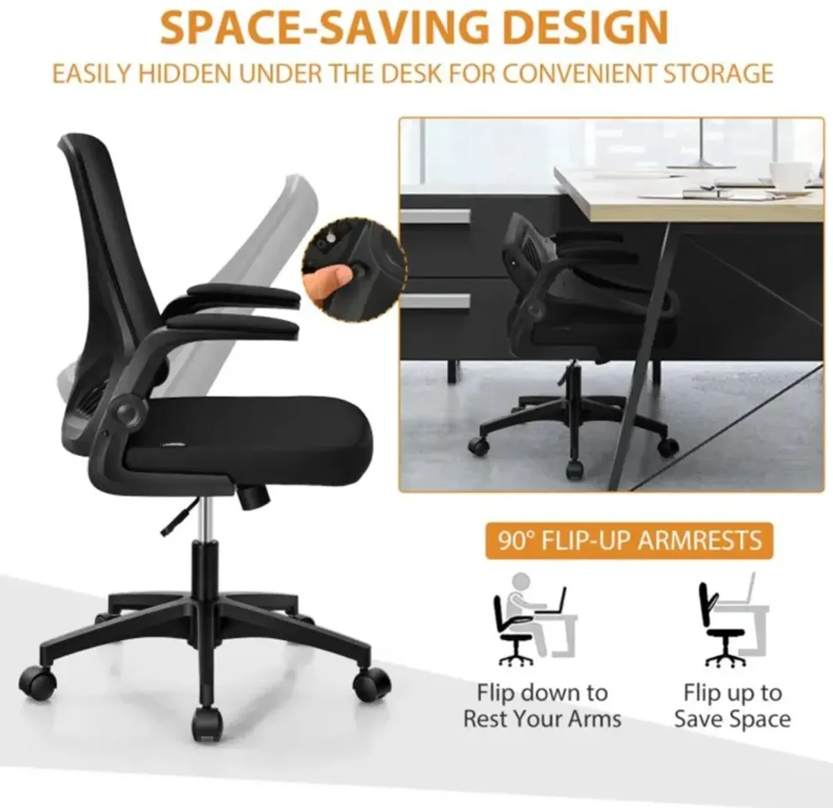 Hivvago Swivel Mesh Office Chair with Foldable Backrest and Flip-Up Arms-Black