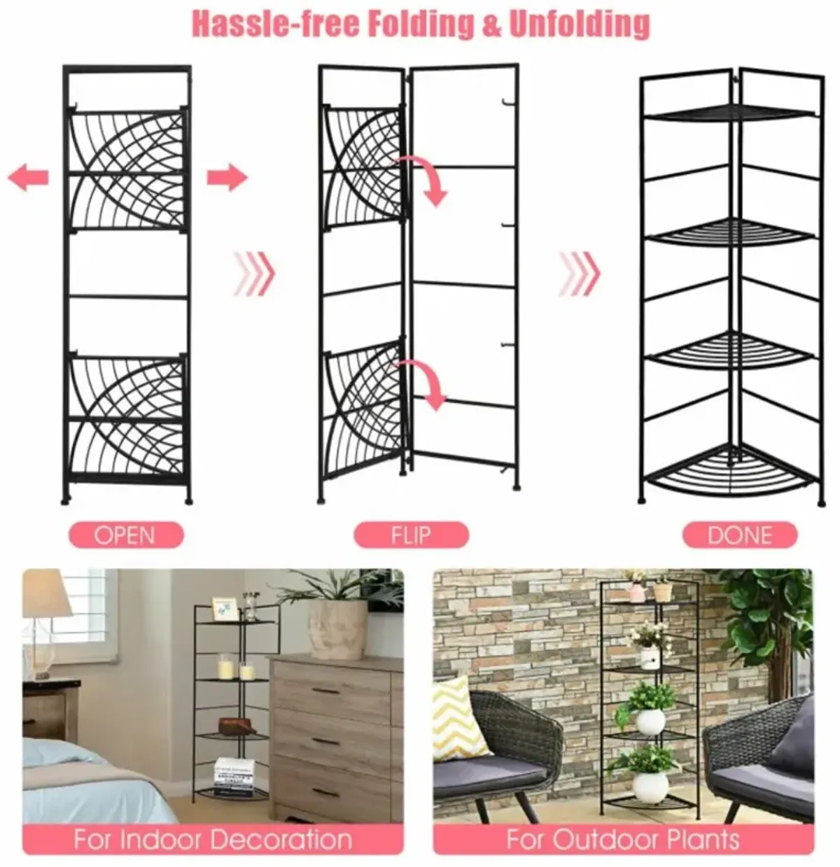 Hivvago 4 Tier Folding Metal Shelf Plant Stand Storage Open Shelf Corner Display Rack