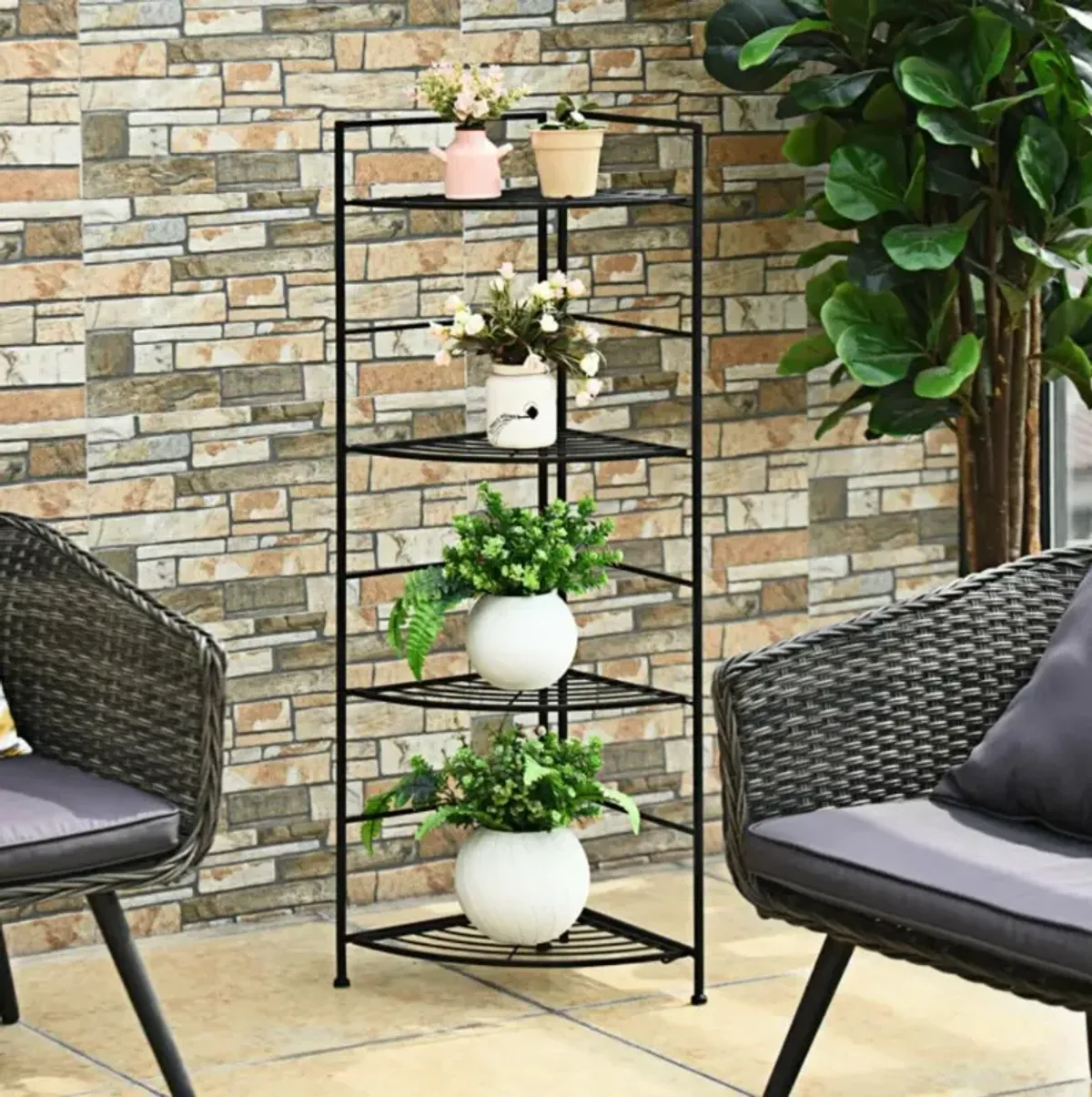 Hivvago 4 Tier Folding Metal Shelf Plant Stand Storage Open Shelf Corner Display Rack