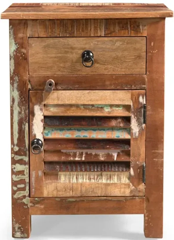 Side End Table, Storage, 25 Inch Black Metal, Natural Distressed Wood - Benzara