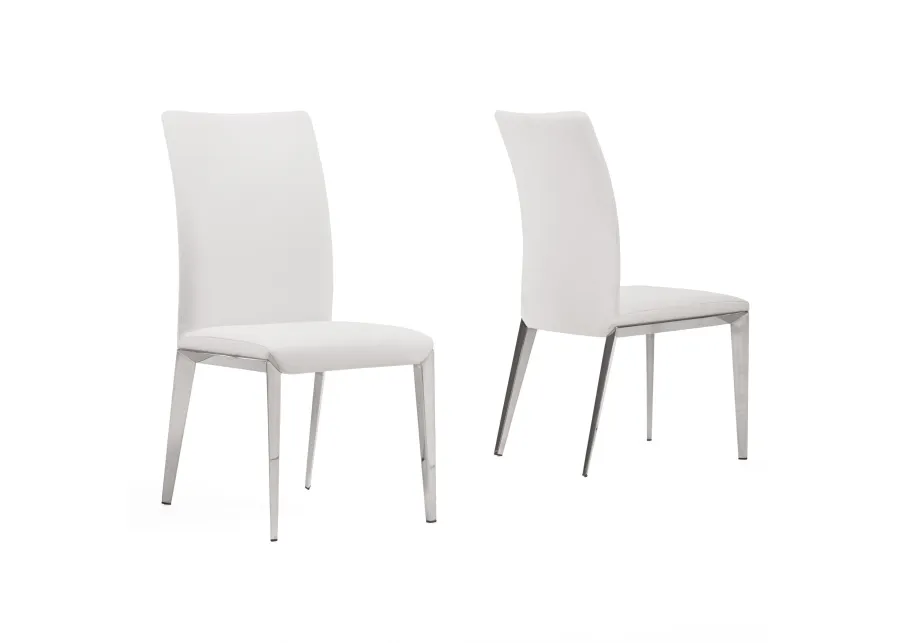 18 Inch Dining Side Chair Set of 2, Plush White Faux Leather Seat, Metal - Benzara