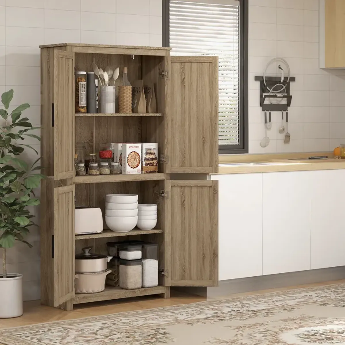 64" Rattan Kitchen Storage Cabinet with Adjustable Shelf Natural