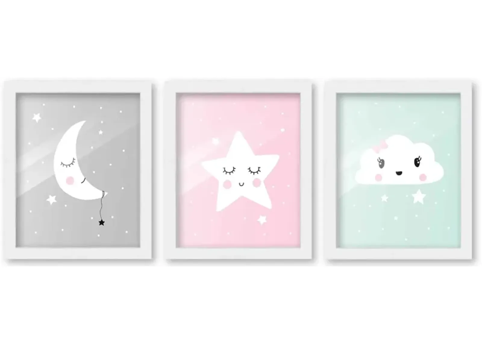 8x10 Framed Nursery Wall Art Set of 3 Hand Drawn Sleepy Star Moon & Cloud Prints in White Wood Frames