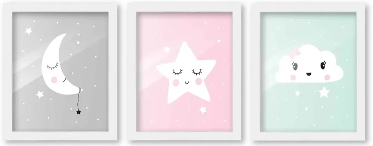 8x10 Framed Nursery Wall Art Set of 3 Hand Drawn Sleepy Star Moon & Cloud Prints in White Wood Frames