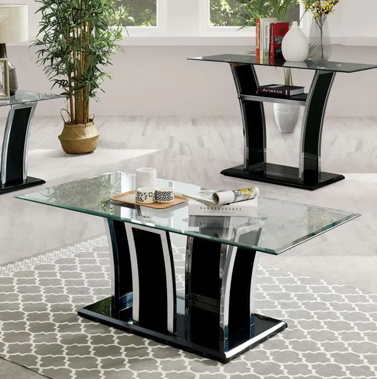 Contemporary Coffee Table with Chrome Trimmed Flared Base, Black-Benzara