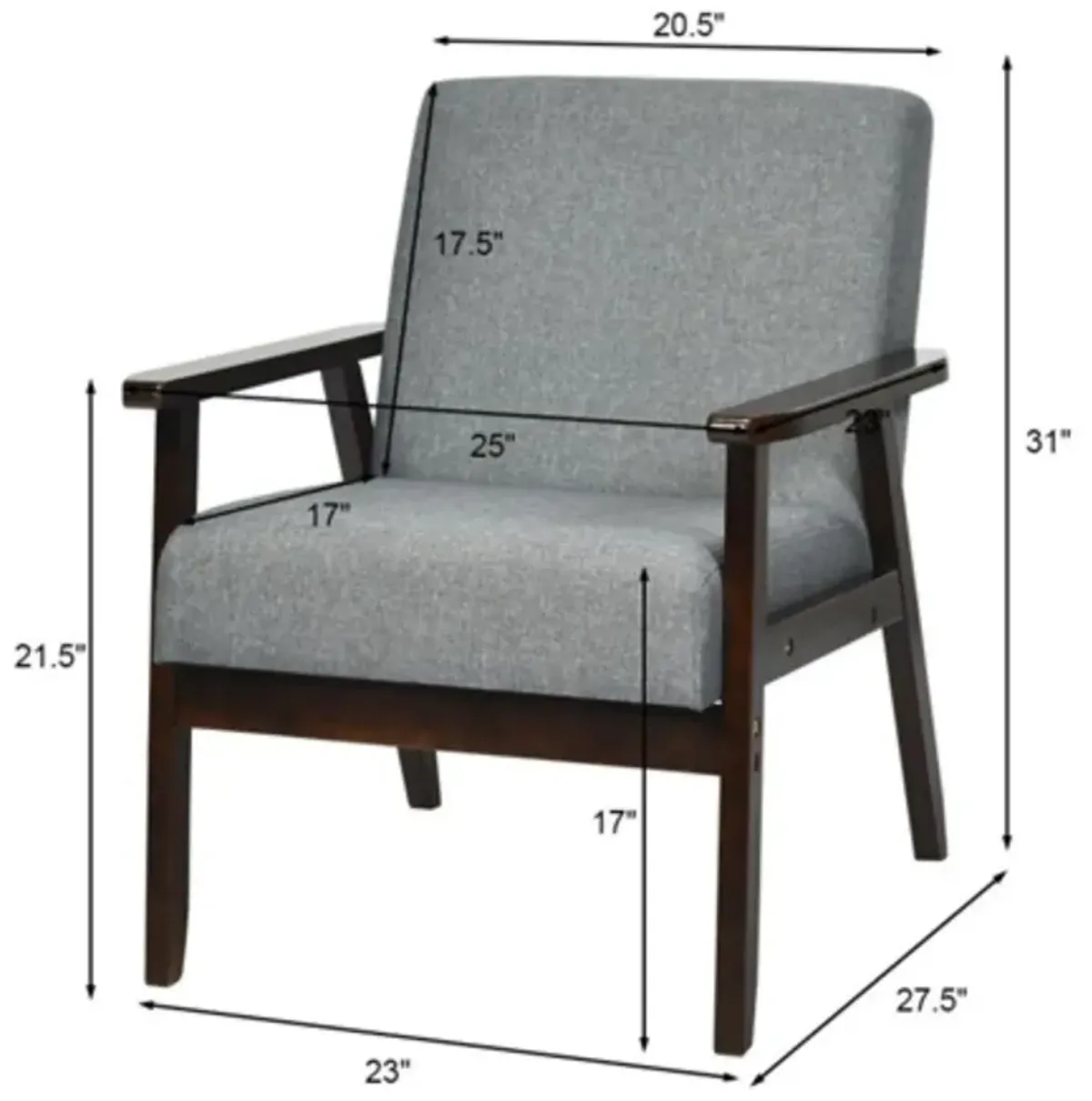Hivvago Retro Modern Classic Grey Linen Wide Accent Chair with Espresso Wood Frame