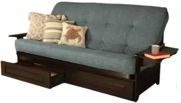 Phoenix Frame Queen-Espresso Finish-Linen Aqua Mattress-Storage Drawers