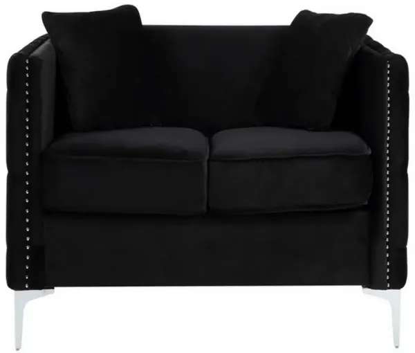 Zion 53 Inch Accent Loveseat, Handmade Nailhead Trim, Tufted, Black Velvet