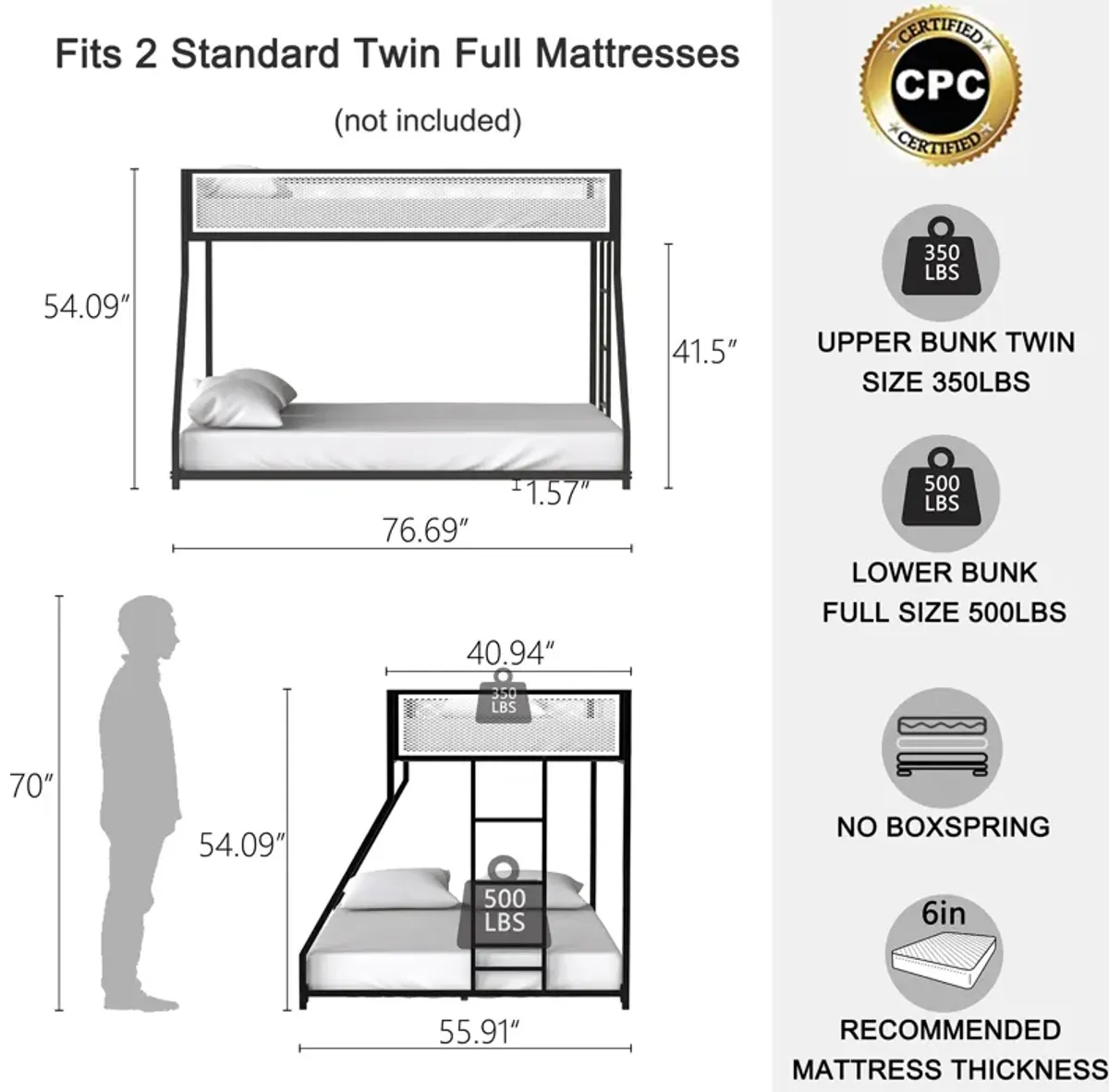 Twin Over Full Bunk Metal Bed Frame with Mesh Guard Rail, Removable Ladder, Noise-Reducing EVA Pad for Kids Bedrooms, Black