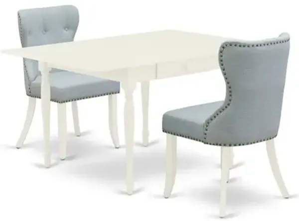 East West Furniture East-West Furniture MZSI3-LWH-15 - A dinette set of two fantastic parson dining chairs with Linen Fabric Baby Blue color and a wonderful drop leaf rectangle dining room table with Linen White color