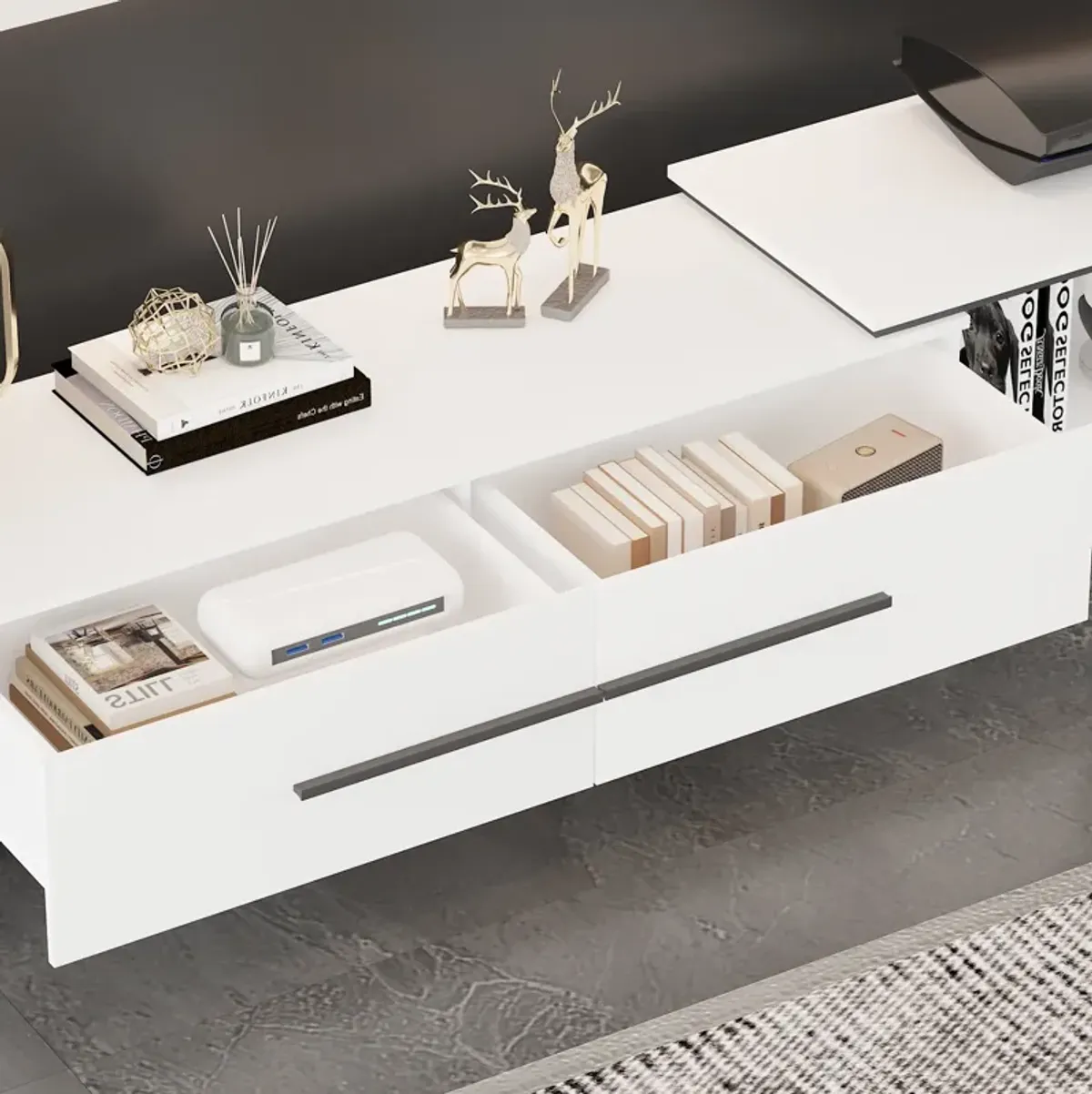 Modern Wood White TV Media Console Entertainment Center with Adjustable Length and Drawers Fits TV's up to 100 in.