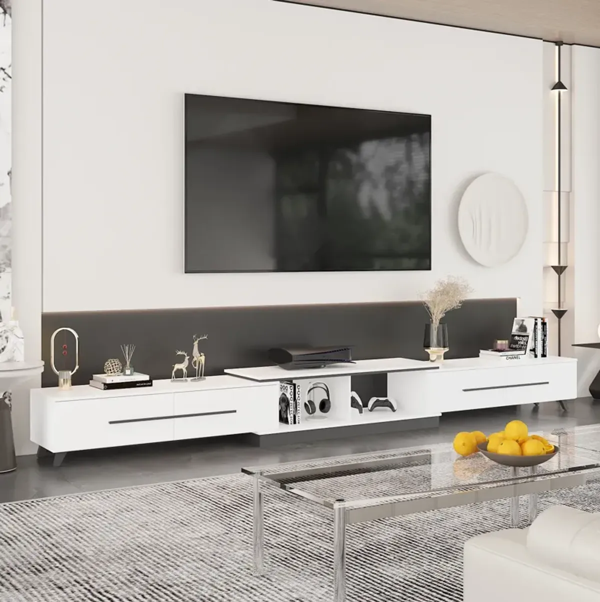 Modern Wood White TV Media Console Entertainment Center with Adjustable Length and Drawers Fits TV's up to 100 in.