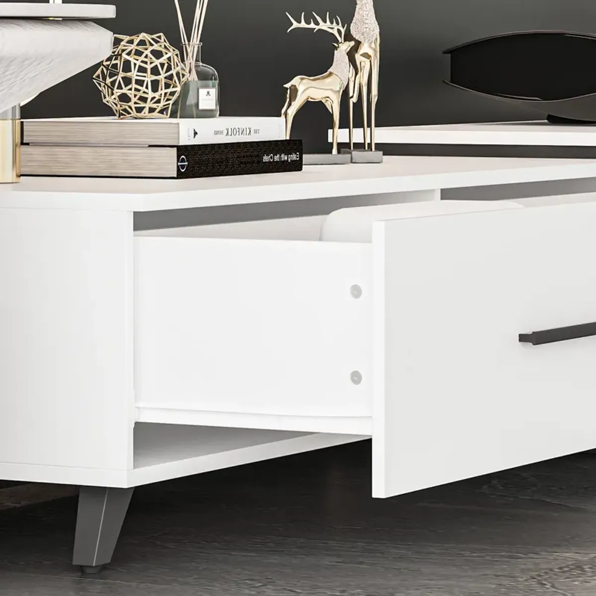 Modern Wood White TV Media Console Entertainment Center with Adjustable Length and Drawers Fits TV's up to 100 in.