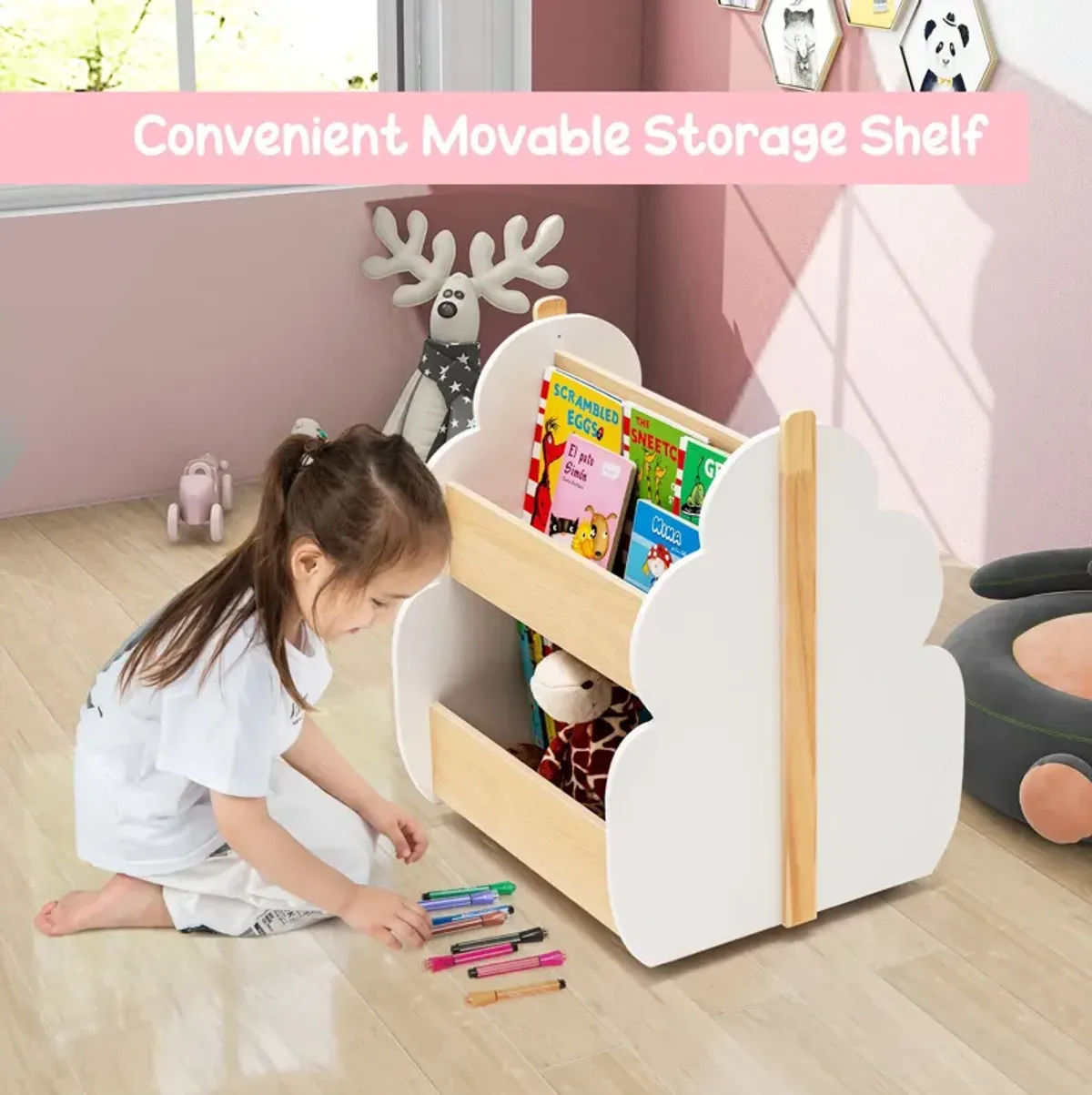 Kids Wooden Bookshelf with Universal Wheels