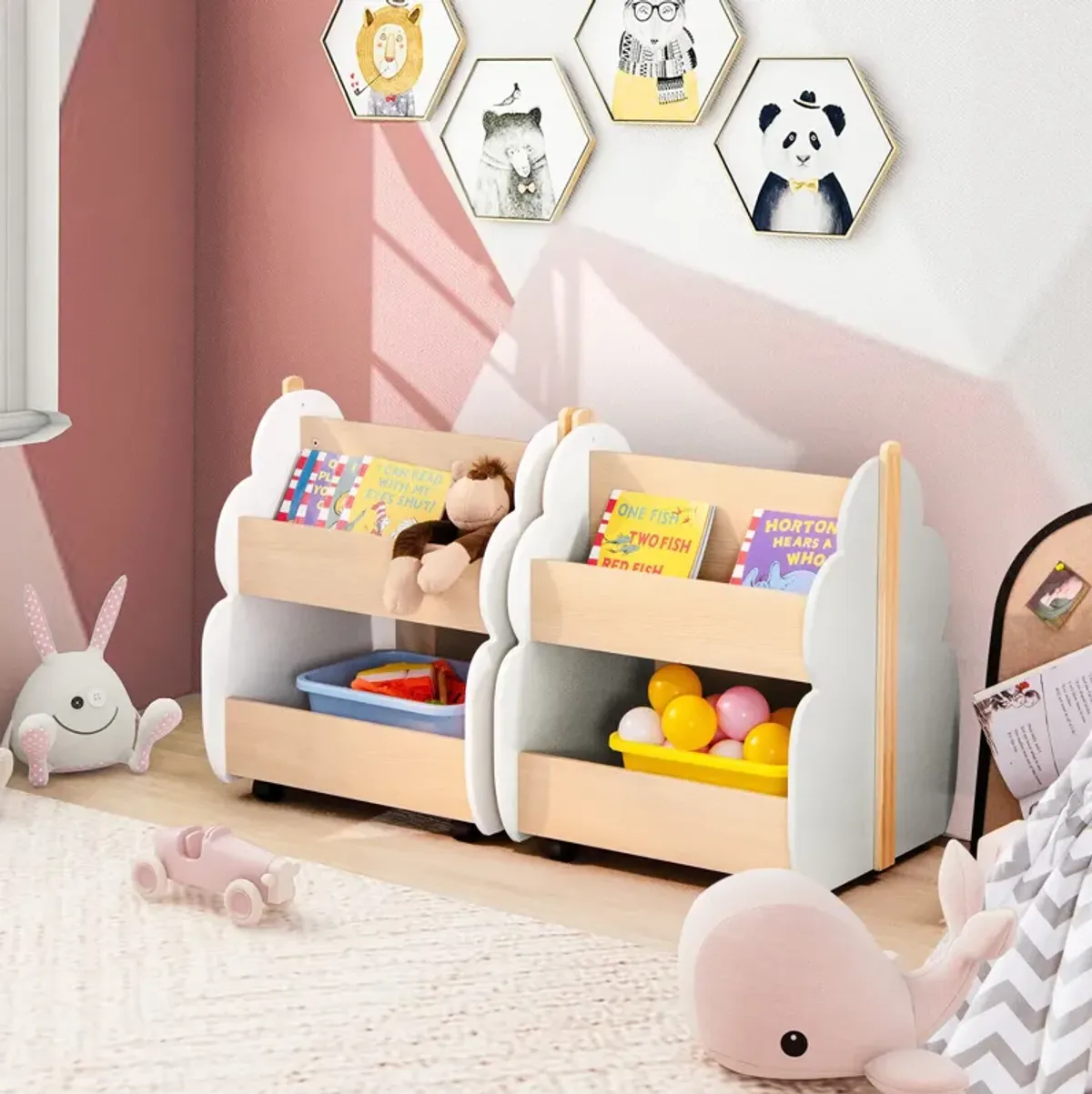 Kids Wooden Bookshelf with Universal Wheels