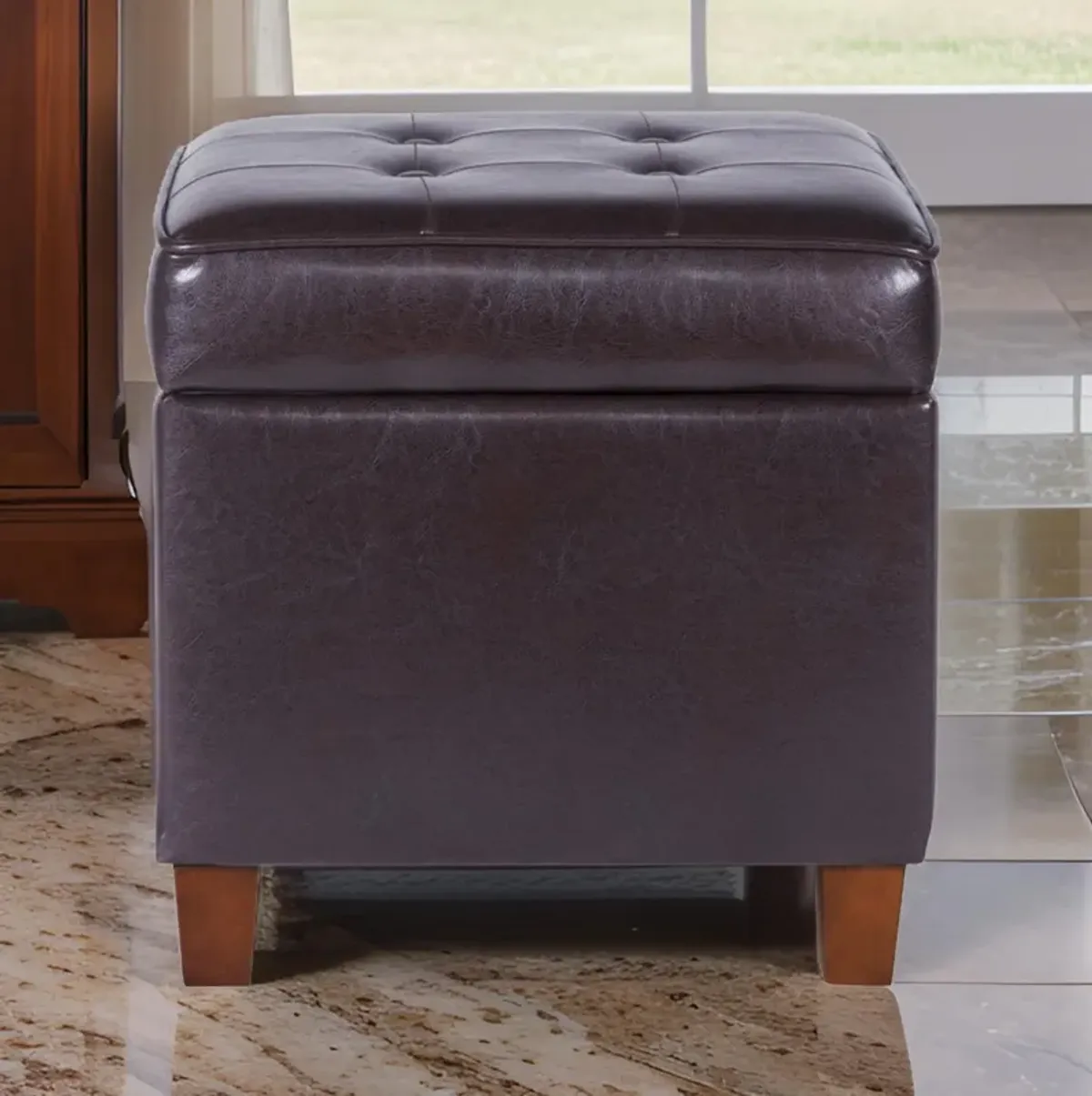 Square Shape Leatherette Upholstered Wooden Ottoman with Tufted Lift Off Lid Storage, Brown - Benzara