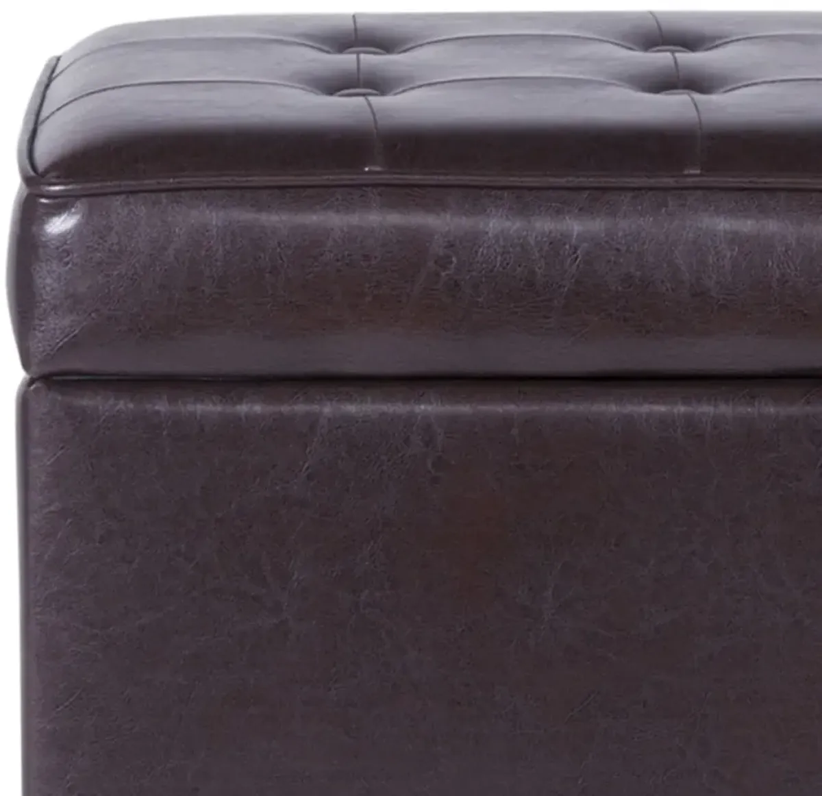 Square Shape Leatherette Upholstered Wooden Ottoman with Tufted Lift Off Lid Storage, Brown - Benzara