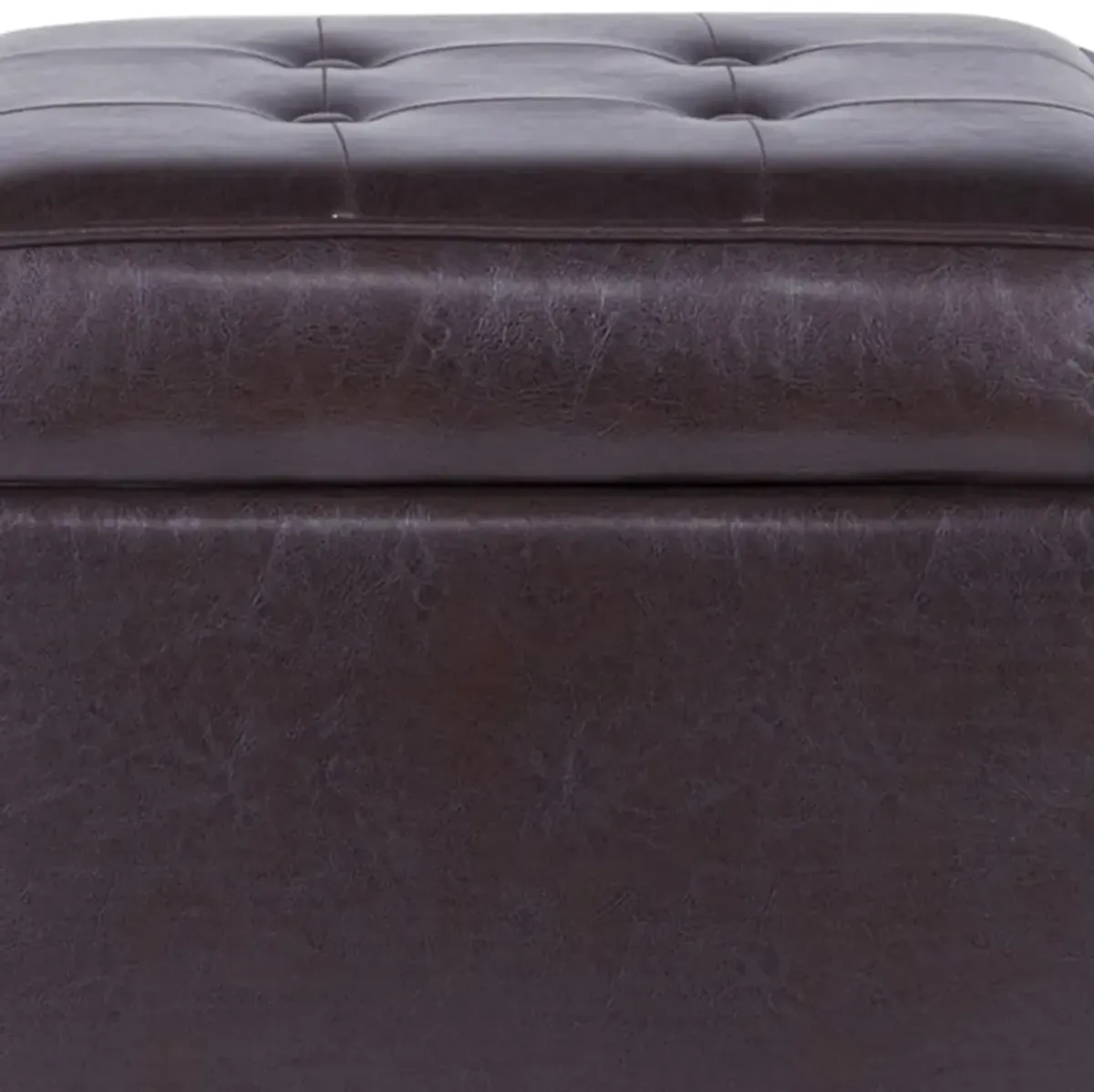 Square Shape Leatherette Upholstered Wooden Ottoman with Tufted Lift Off Lid Storage, Brown - Benzara