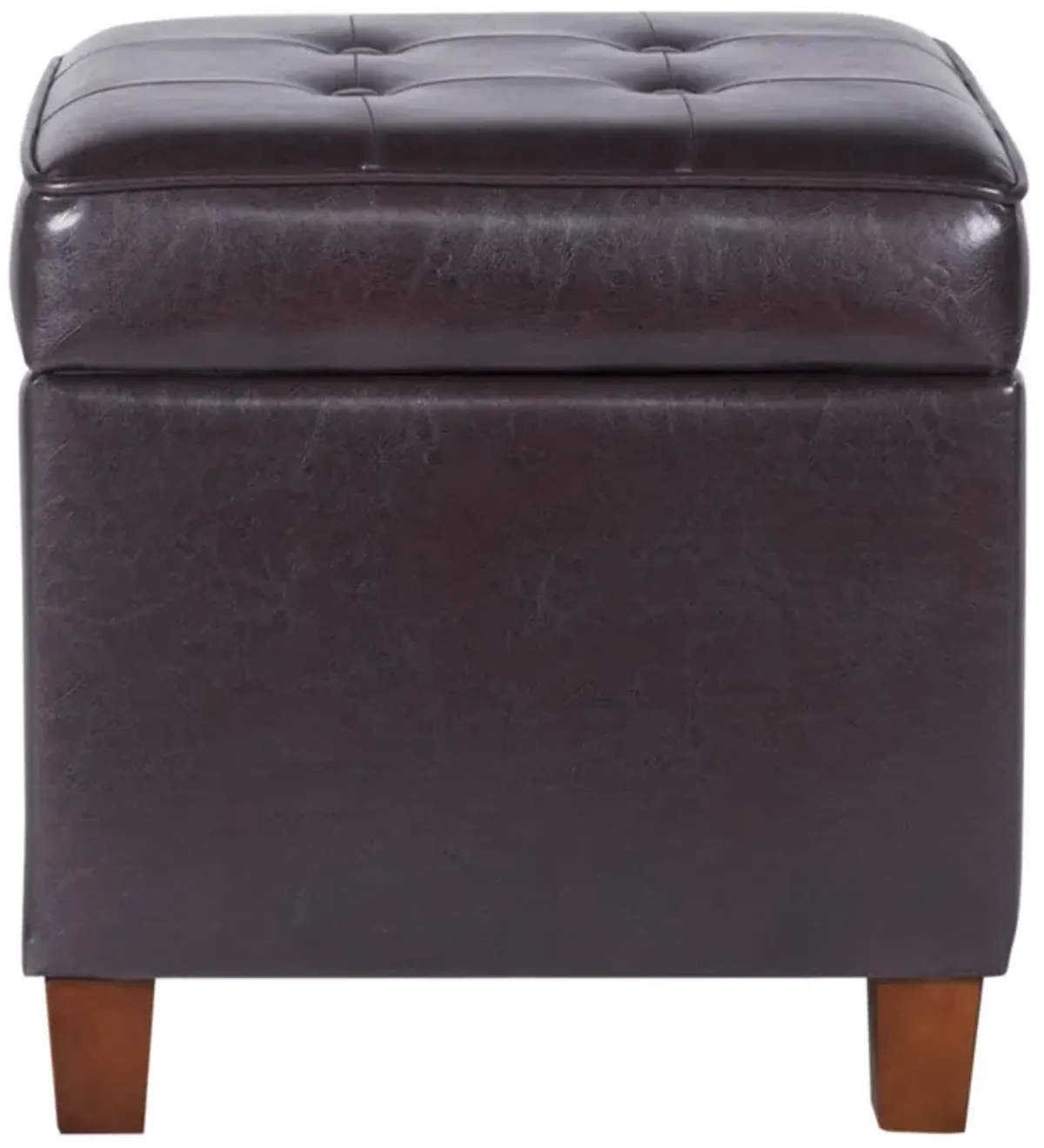 Square Shape Leatherette Upholstered Wooden Ottoman with Tufted Lift Off Lid Storage, Brown - Benzara