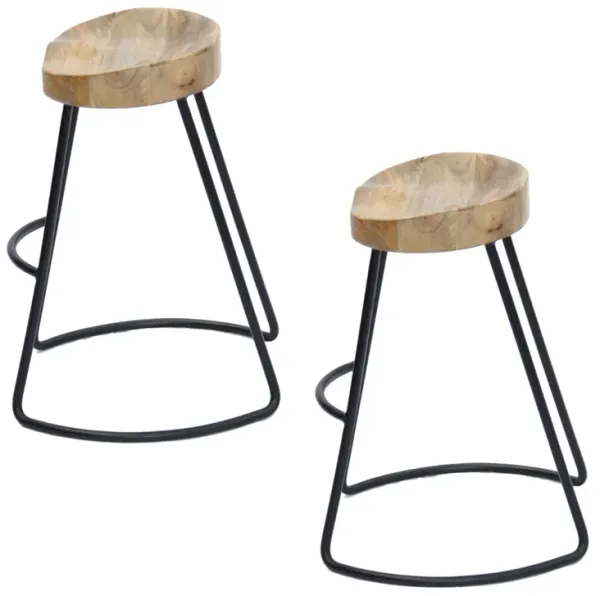 Ela 30 Inch Mango Wood Industrial Barstool, Saddle Seat, Iron Frame, Set of 2, Brown, Black