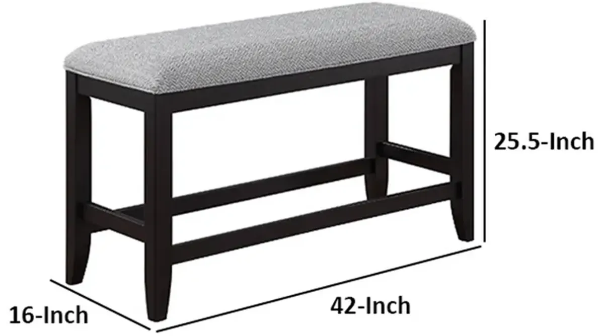 Kara 42 Inch Counter Height Bench, Wood Frame, Fabric Upholstery, Gray - Benzara