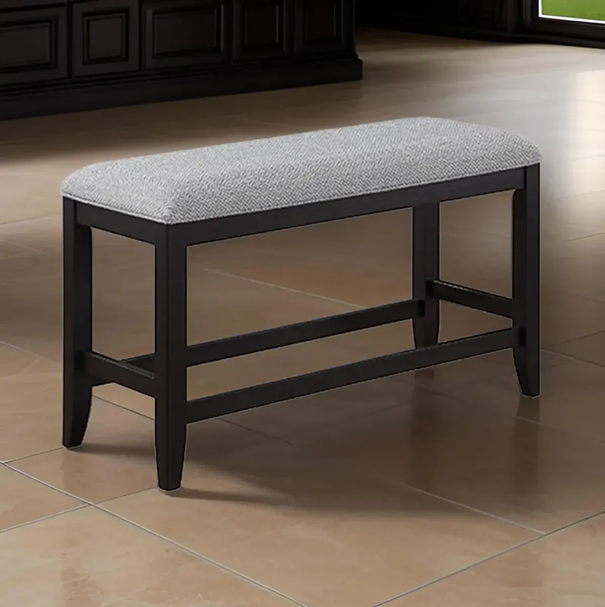 Kara 42 Inch Counter Height Bench, Wood Frame, Fabric Upholstery, Gray - Benzara