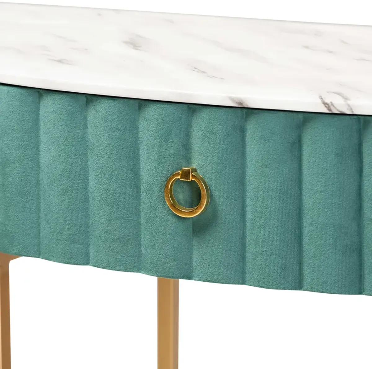 Baxton Studio Beale Luxe and Glam Green Velvet Upholstered and Brushed Gold Finished 1-Drawer Console Table with Faux Marble Tabletop