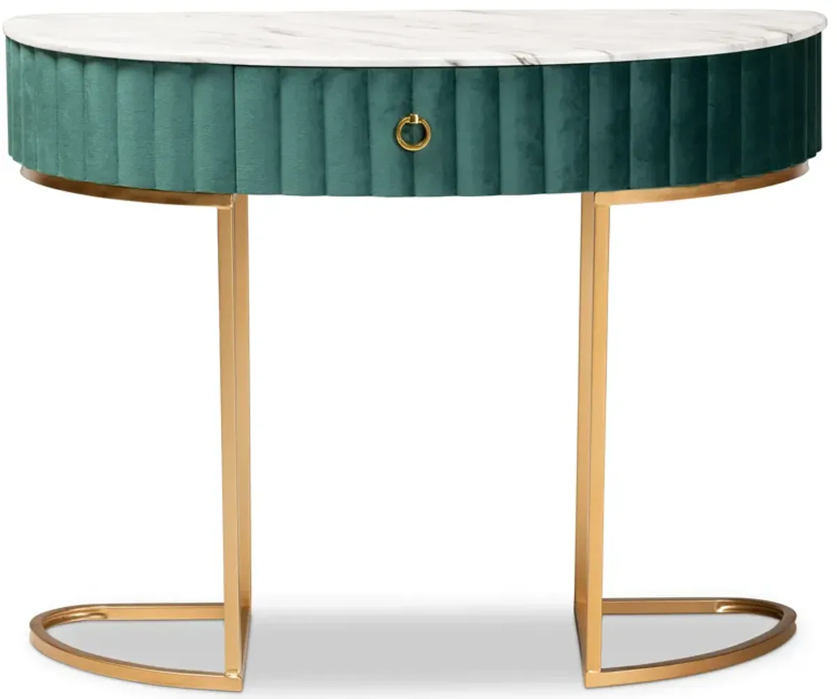 Baxton Studio Beale Luxe and Glam Green Velvet Upholstered and Brushed Gold Finished 1-Drawer Console Table with Faux Marble Tabletop