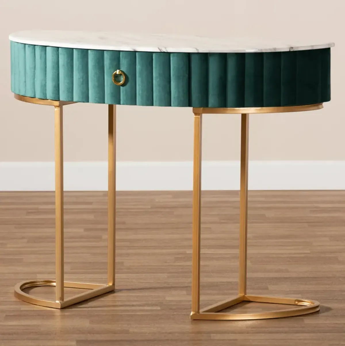 Baxton Studio Beale Luxe and Glam Green Velvet Upholstered and Brushed Gold Finished 1-Drawer Console Table with Faux Marble Tabletop