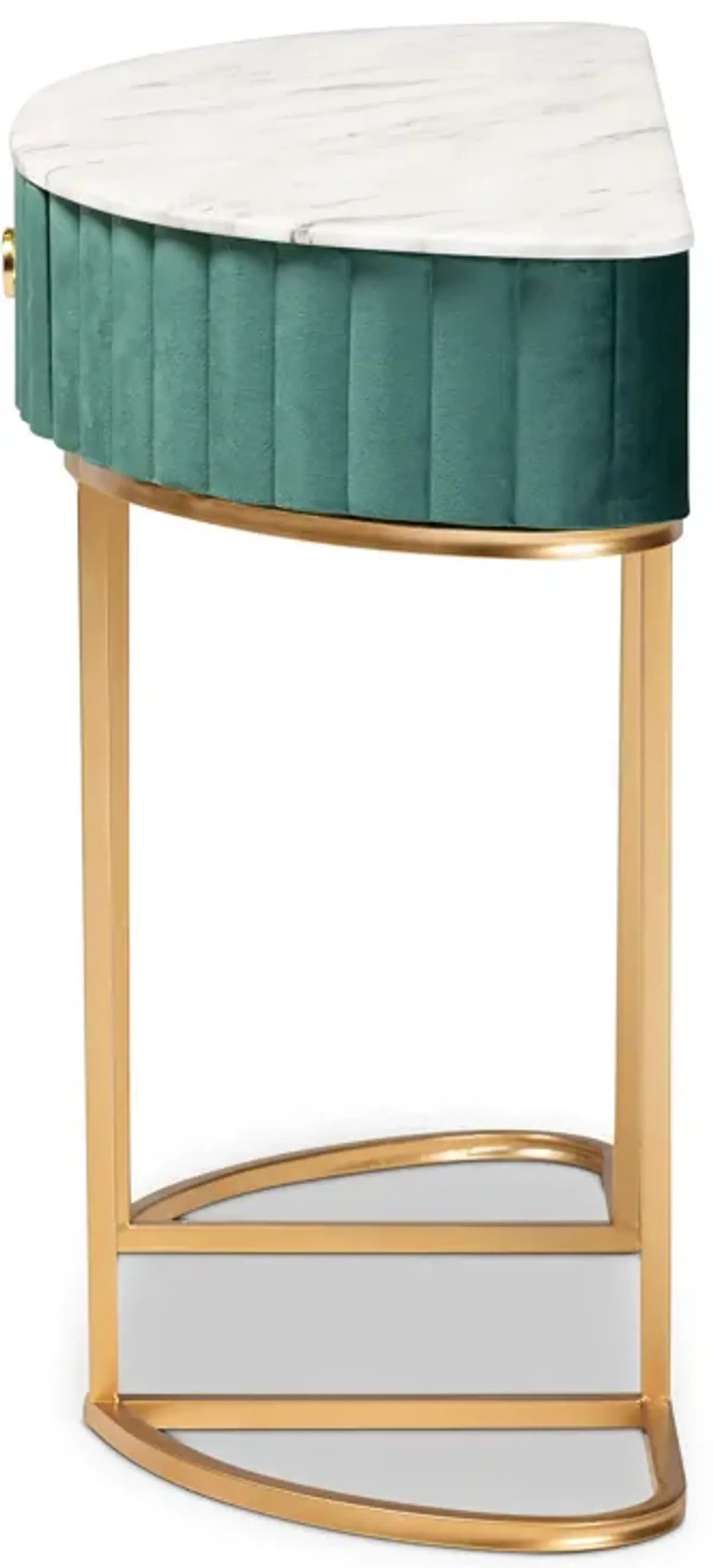 Baxton Studio Beale Luxe and Glam Green Velvet Upholstered and Brushed Gold Finished 1-Drawer Console Table with Faux Marble Tabletop