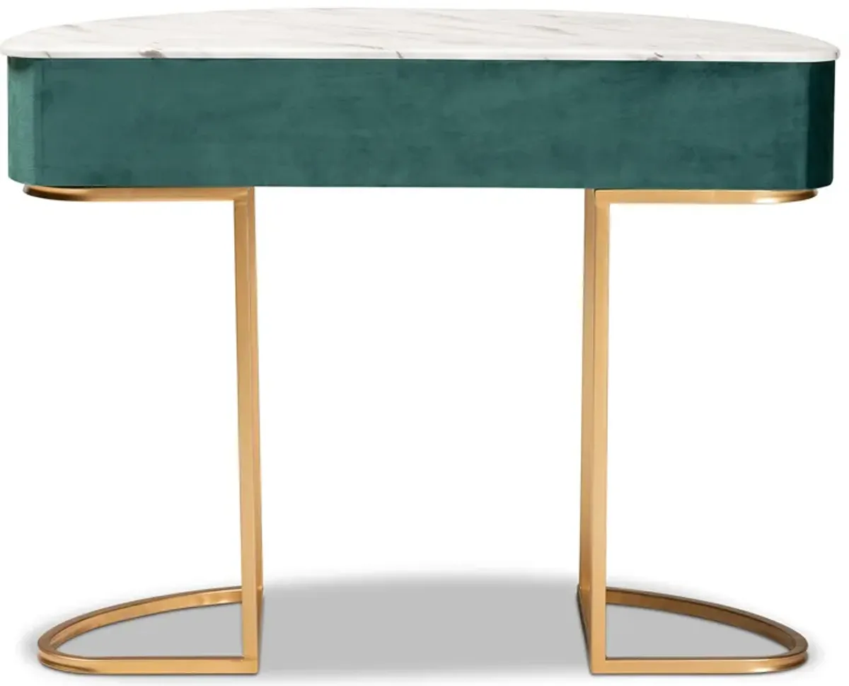 Baxton Studio Beale Luxe and Glam Green Velvet Upholstered and Brushed Gold Finished 1-Drawer Console Table with Faux Marble Tabletop