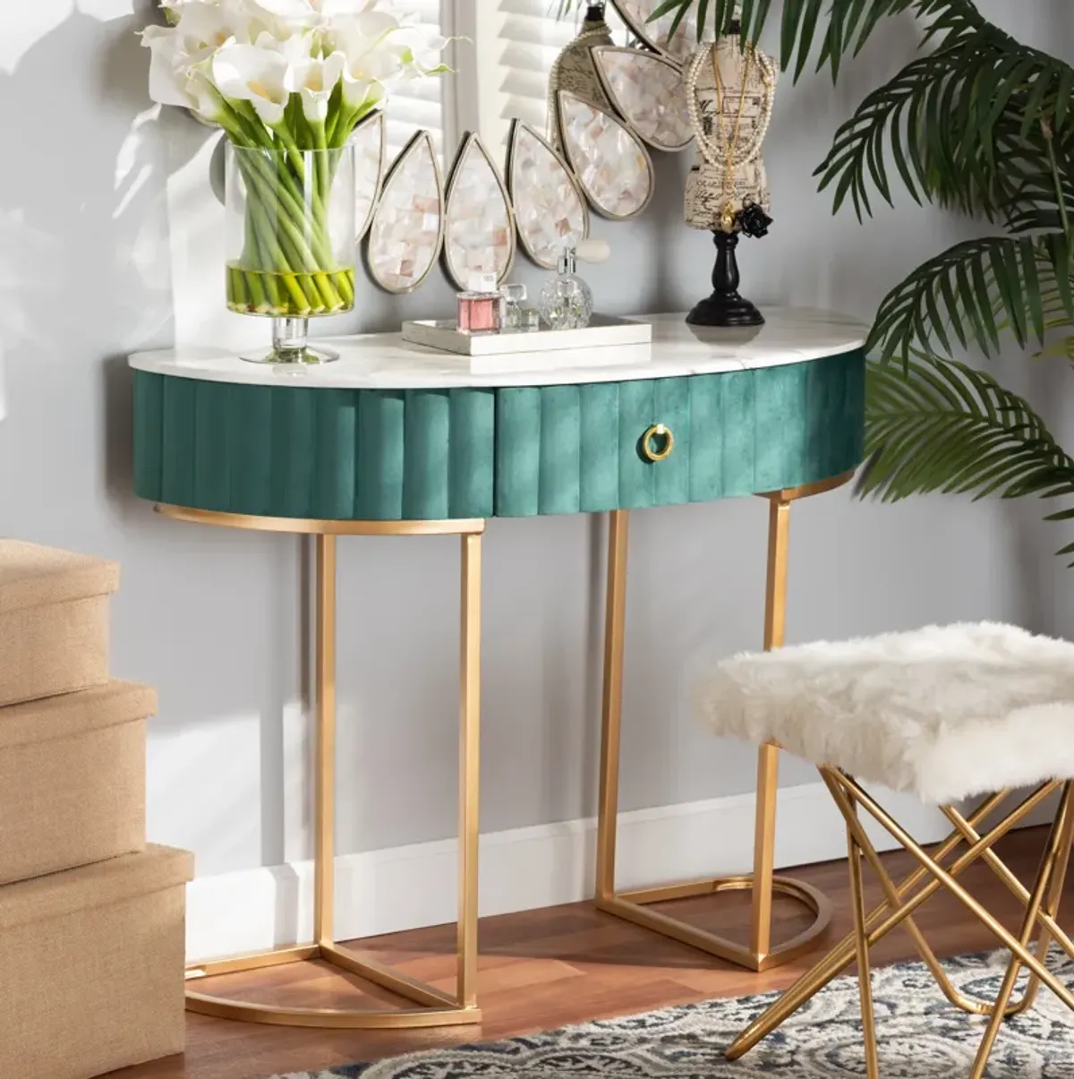 Baxton Studio Beale Luxe and Glam Green Velvet Upholstered and Brushed Gold Finished 1-Drawer Console Table with Faux Marble Tabletop