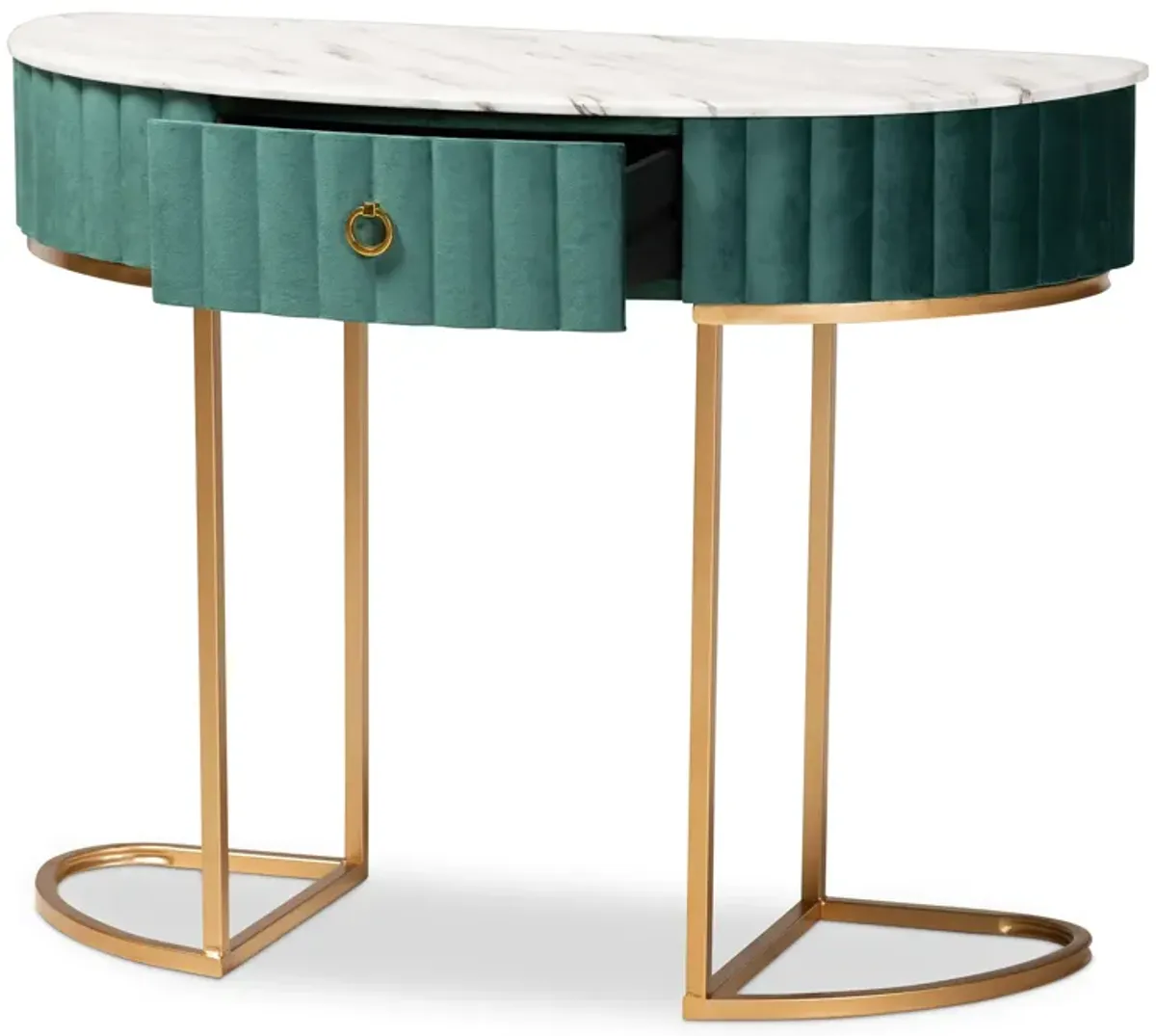 Baxton Studio Beale Luxe and Glam Green Velvet Upholstered and Brushed Gold Finished 1-Drawer Console Table with Faux Marble Tabletop