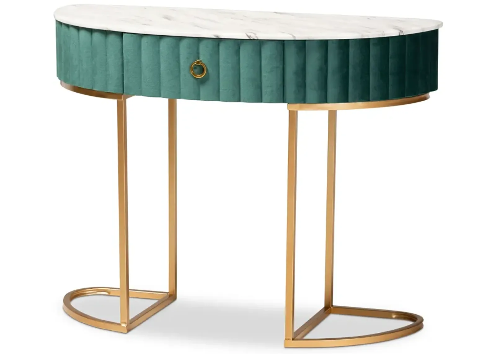 Baxton Studio Beale Luxe and Glam Green Velvet Upholstered and Brushed Gold Finished 1-Drawer Console Table with Faux Marble Tabletop